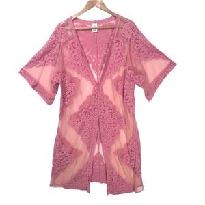Pink Lace Embroidered Kimono Cardigan Open Front Mesh Western Boho Coverup L-XL